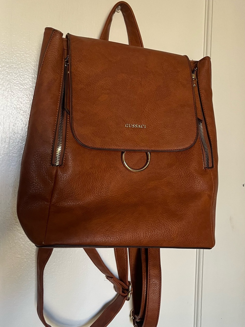 Gussaci Tan Faux Leather Backpack with Ring Accent